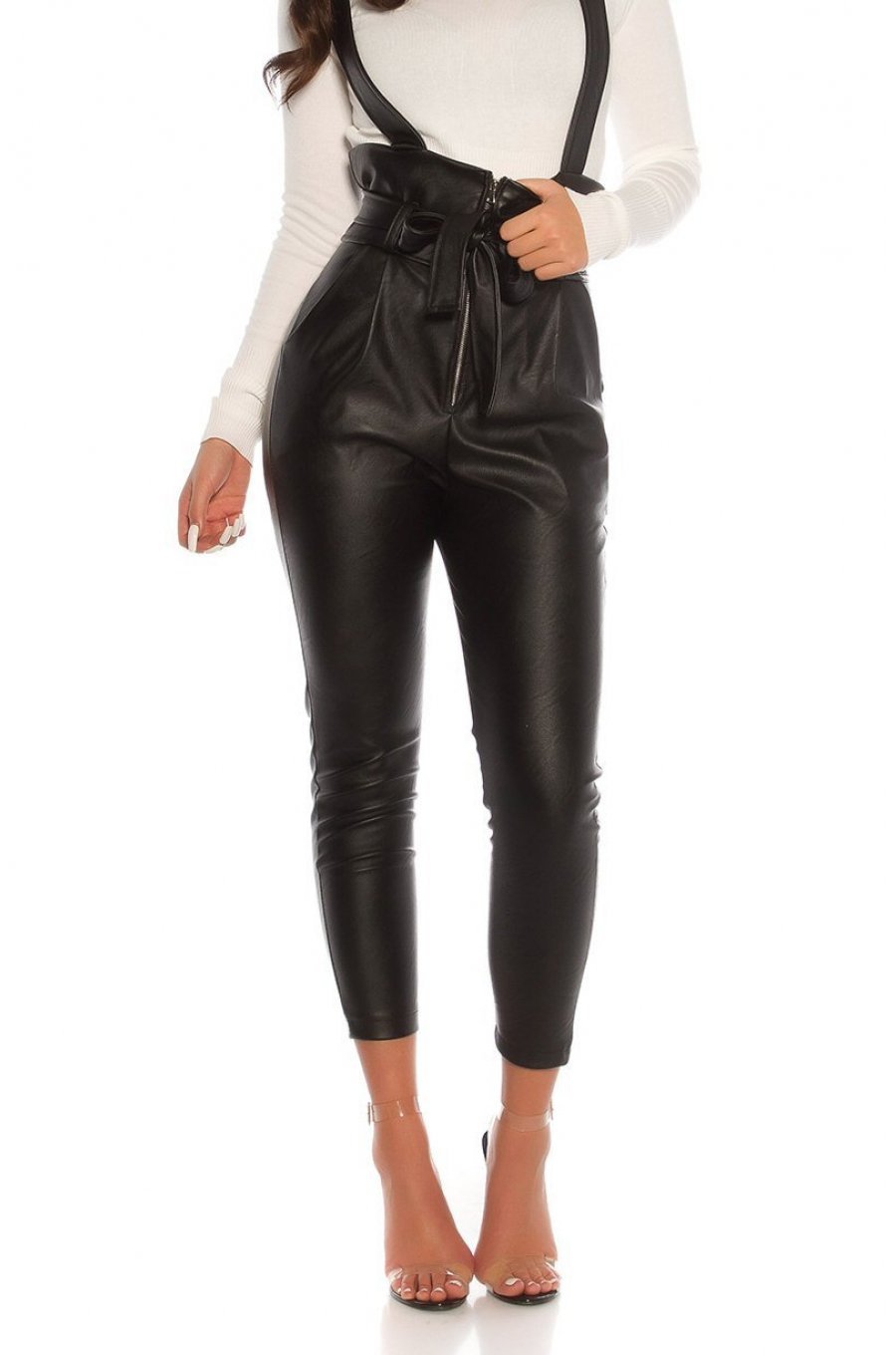 Pantaloni dama casual negri piele eco cu bretele Suzanne 1 - jojofashion.ro