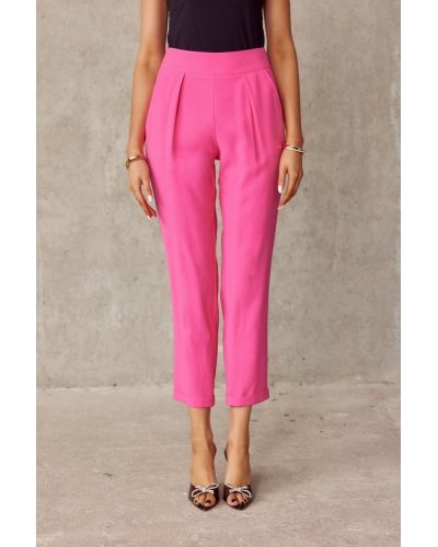 Pantaloni dama, Pantaloni dama eleganti roz fucsia, conici, cu talia inalta, Rosalia - jojofashion.ro