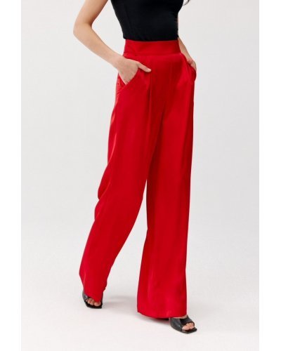 Pantaloni dama, Pantaloni dama evazati, eleganti, rosii, din satin, ElsaR - jojofashion.ro