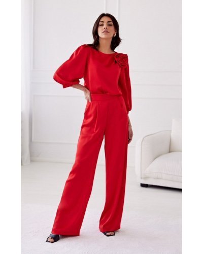 Pantaloni dama, Pantaloni dama evazati, eleganti, rosii, din satin, ElsaR - jojofashion.ro