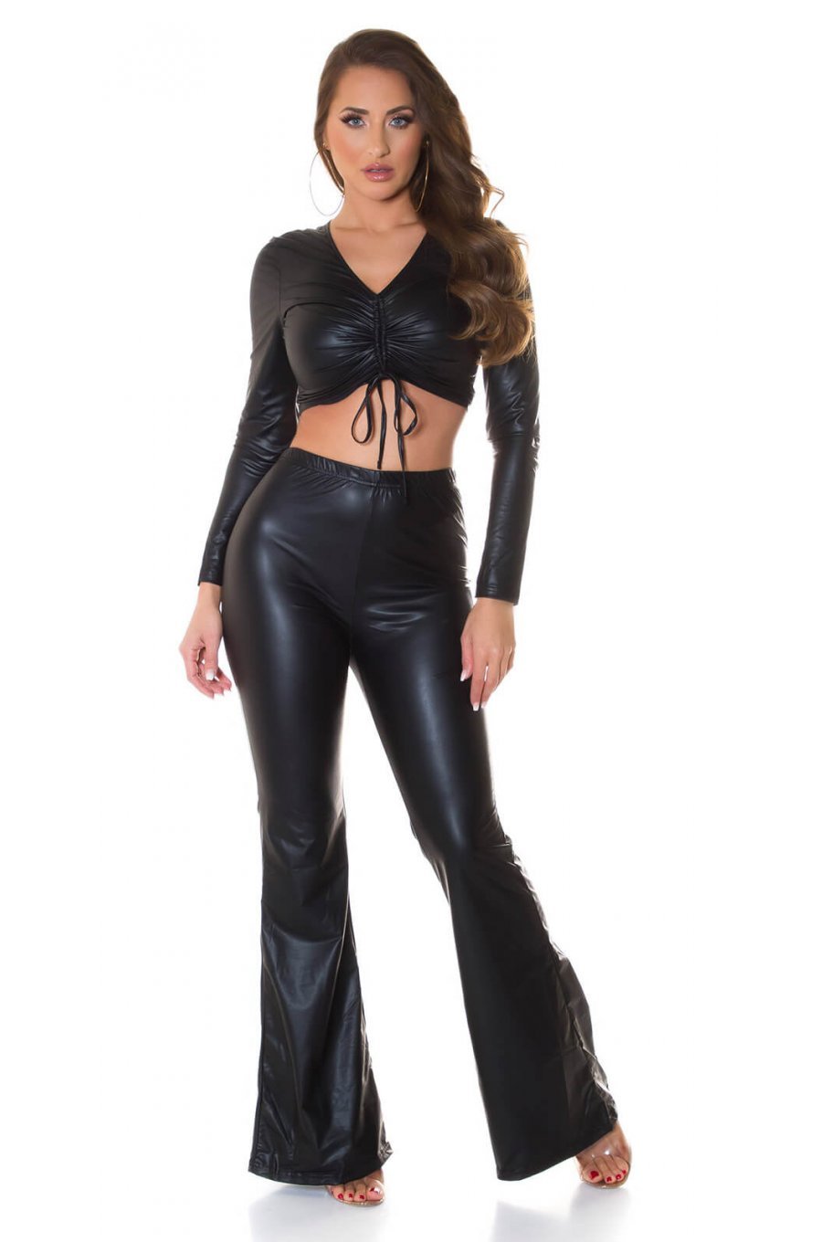Pantaloni dama negri evazati WetLook Marbella 3 - jojofashion.ro