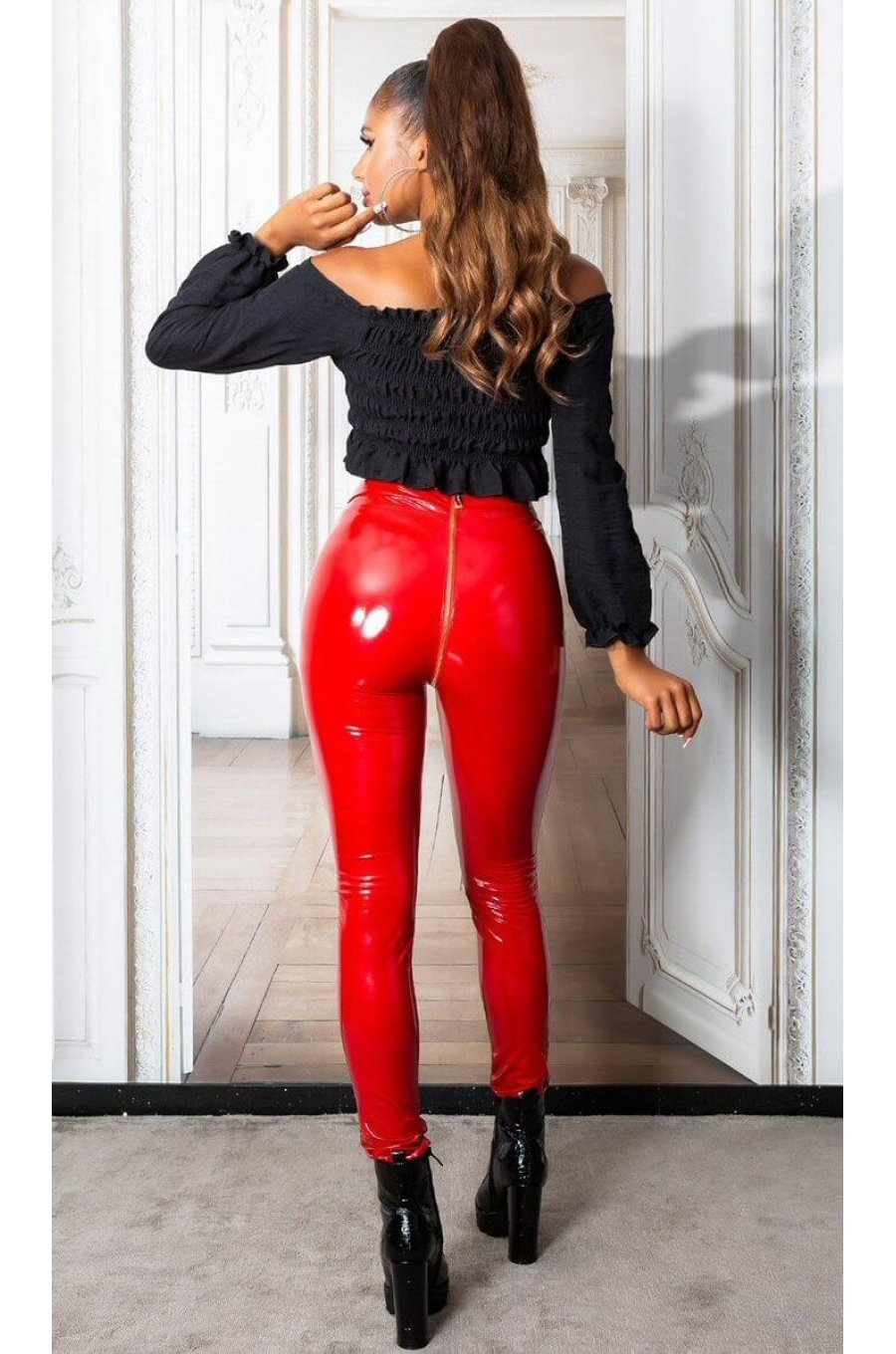 Pantaloni dama rosii din latex cu fermoar la spate Melissa 4 - jojofashion.ro