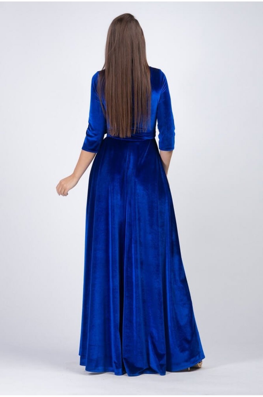 Rochie eleganta lunga din catifea albastra cu decolteu suprapus Agnes 3 - jojofashion.ro