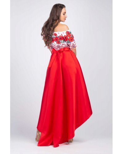 Rochie midi rosie cu motive traditionale din tafta cu maci Byanca Rochii rosii, Rochie midi rosie cu motive traditionale din tafta cu maci Byanca - jojofashion.ro