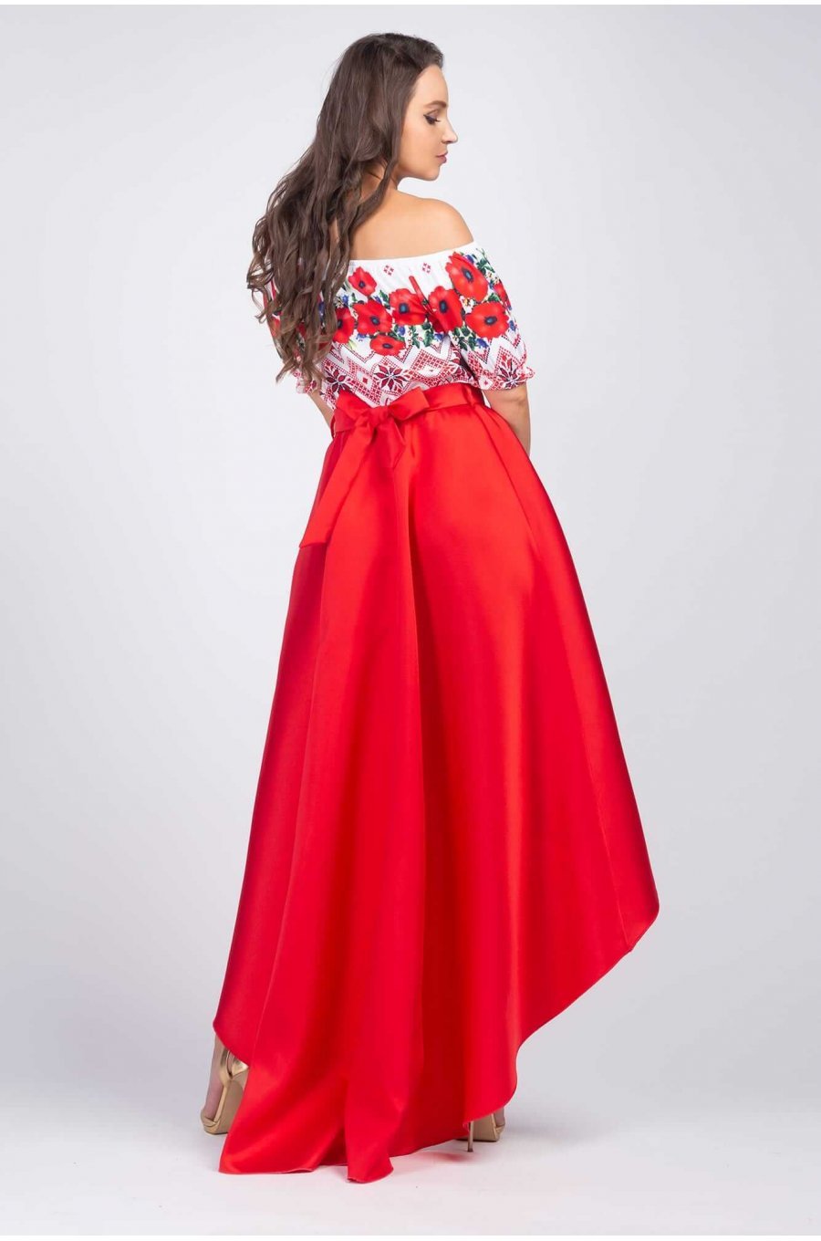 Rochie midi rosie cu motive traditionale din tafta cu maci Byanca 2 - jojofashion.ro