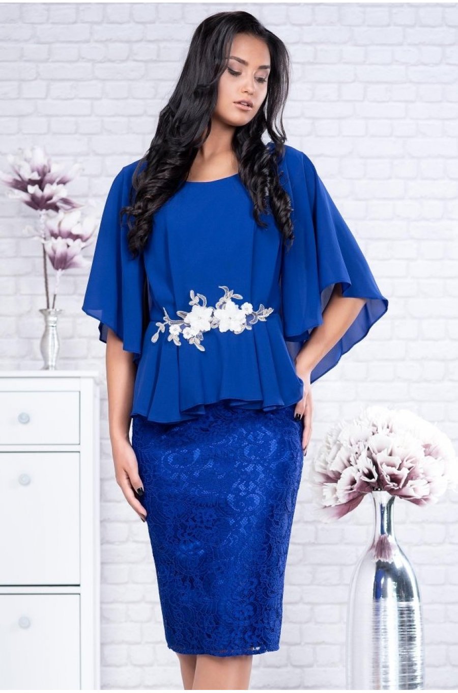 Rochie midi albastra cu dantela si voal Annie 1 - jojofashion.ro