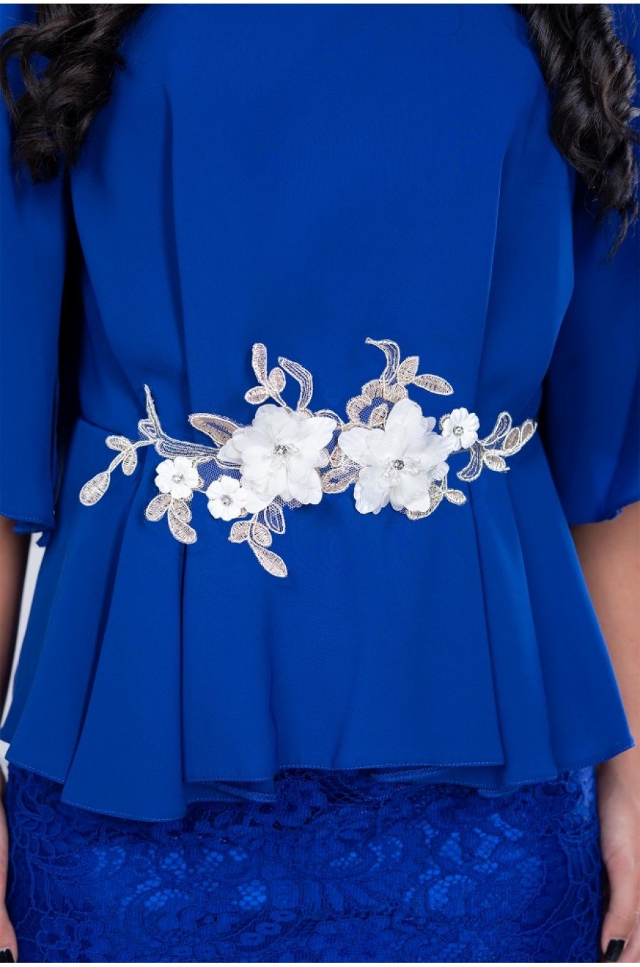 Rochie midi albastra cu dantela si voal Annie 3 - jojofashion.ro