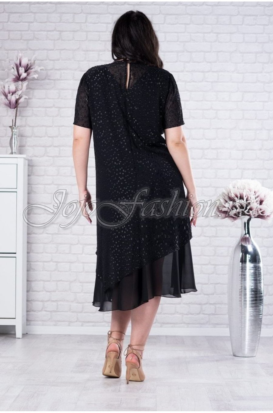 Rochie de seara XXL in marimi mari midi din tul neagra cu fir lame Anissa 3 - jojofashion.ro