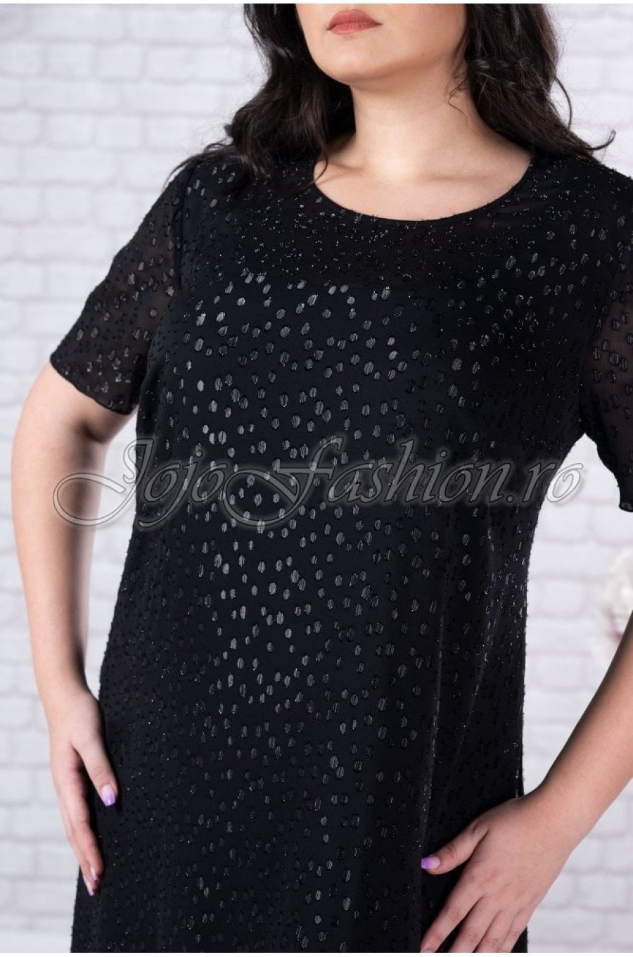 Rochie de seara XXL in marimi mari midi din tul neagra cu fir lame Anissa 5 - jojofashion.ro