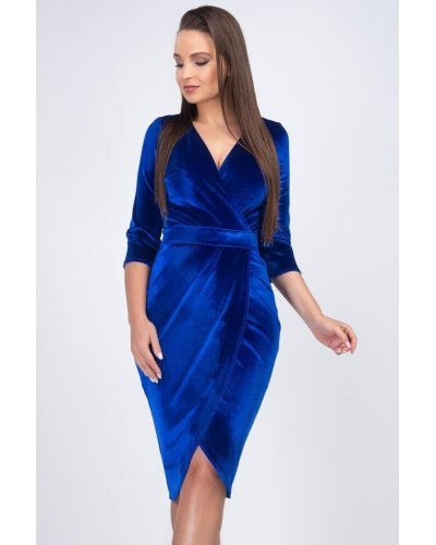 Rochie midi albastra din catifea cu maneca lunga Crenguta Rochii catifea, Rochie midi albastra din catifea cu maneca lunga Crenguta - jojofashion.ro