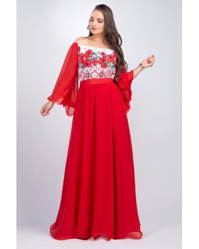 Rochie lunga rosie cu motive traditionale cu maci din voal vaporoasa Salomeea - jojofashion.ro