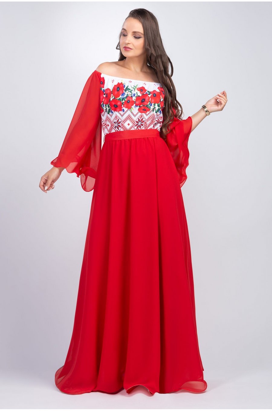 Rochie lunga rosie cu motive traditionale cu maci din voal vaporoasa Salomeea 1 - jojofashion.ro