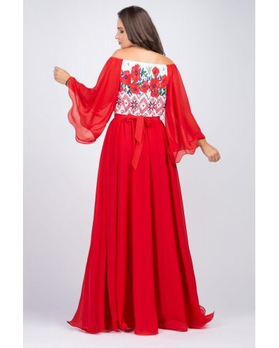 Rochie lunga rosie cu motive traditionale cu maci din voal vaporoasa Salomeea - jojofashion.ro