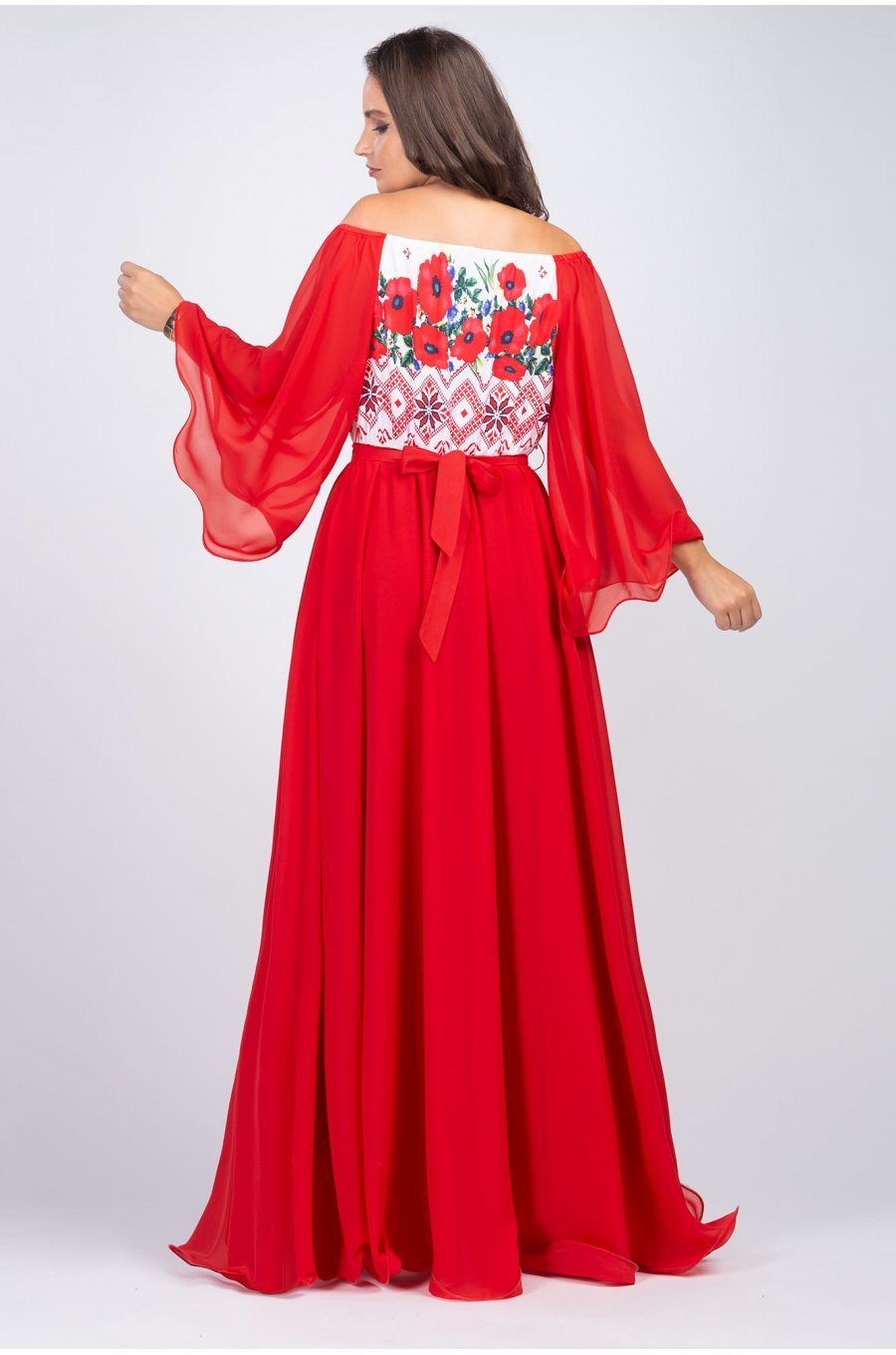Rochie lunga rosie cu motive traditionale cu maci din voal vaporoasa Salomeea 2 - jojofashion.ro