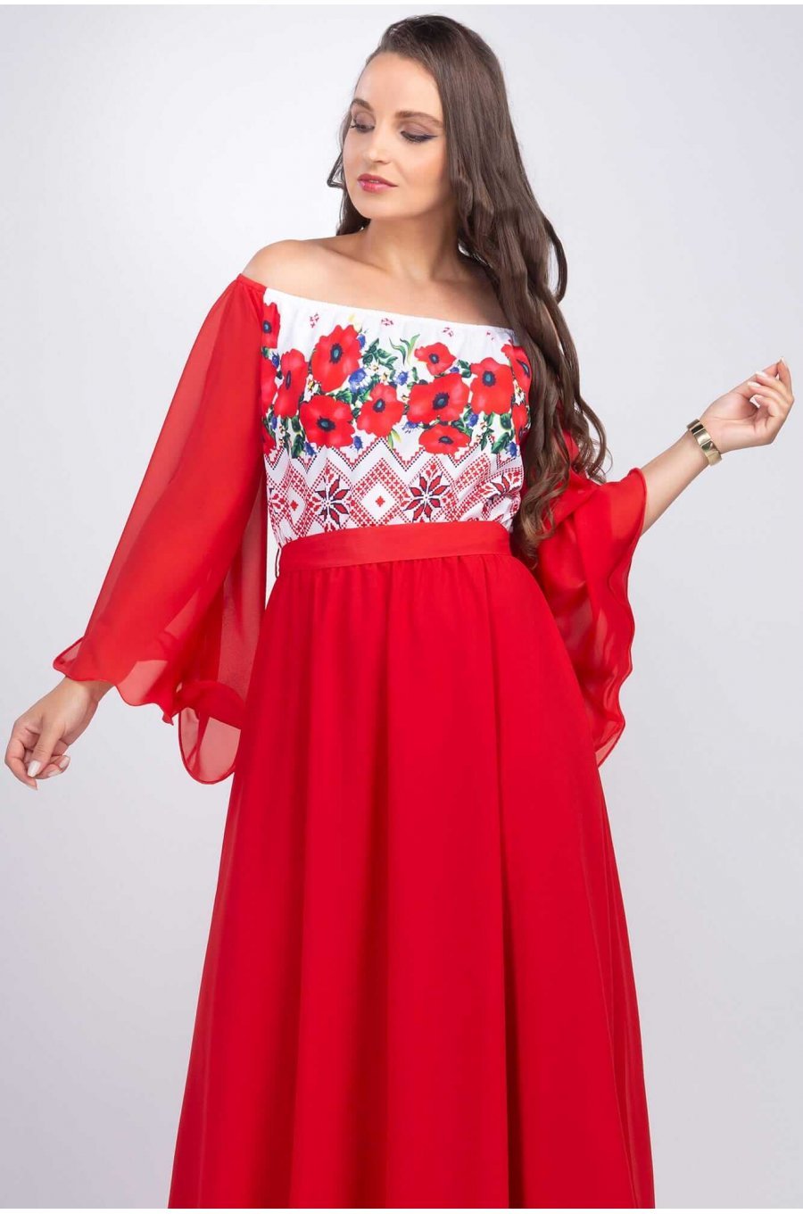 Rochie lunga rosie cu motive traditionale cu maci din voal vaporoasa Salomeea 3 - jojofashion.ro