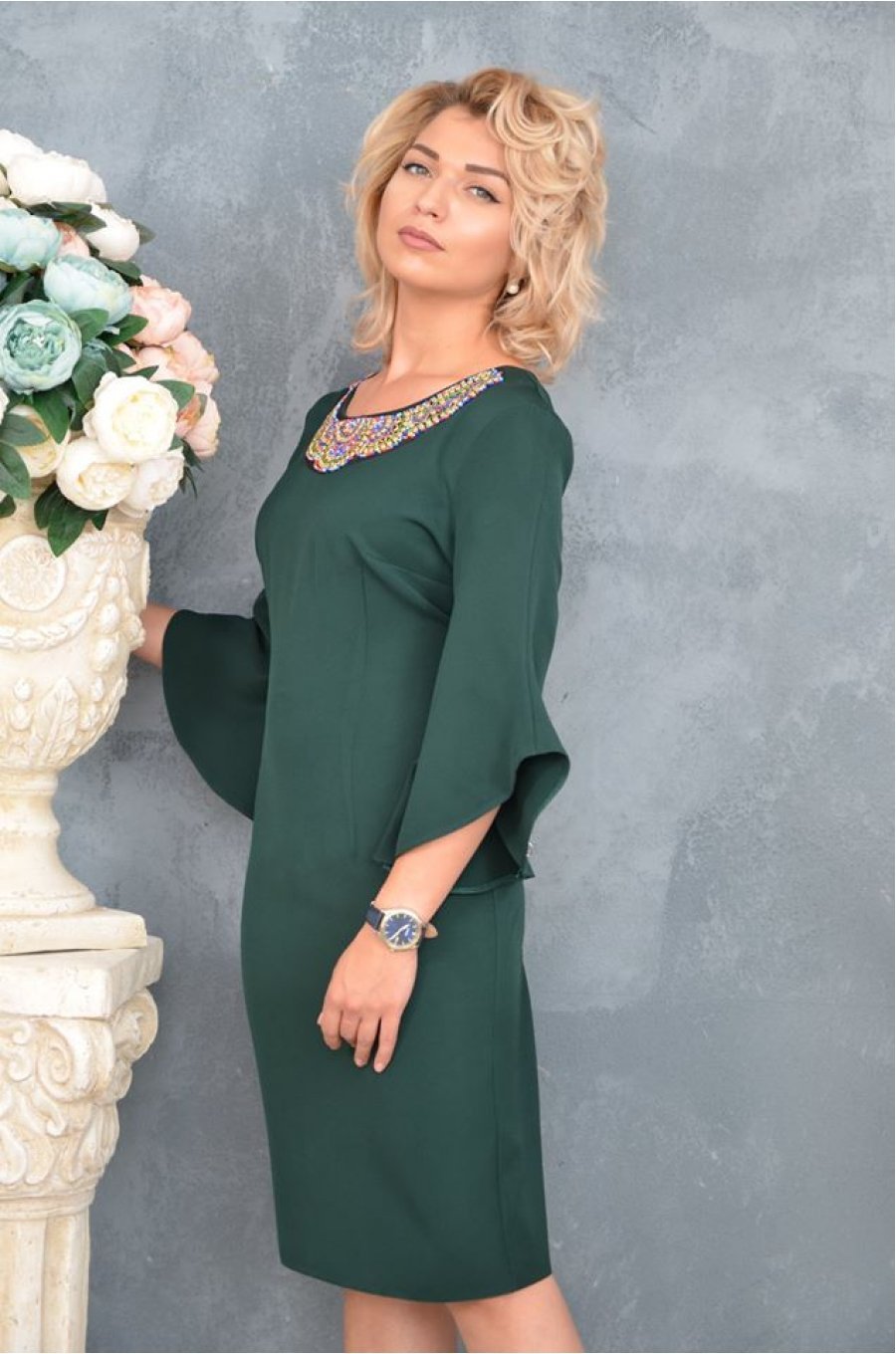 Rochie de zi eleganta midi verde croi drept Sabina 1 - jojofashion.ro