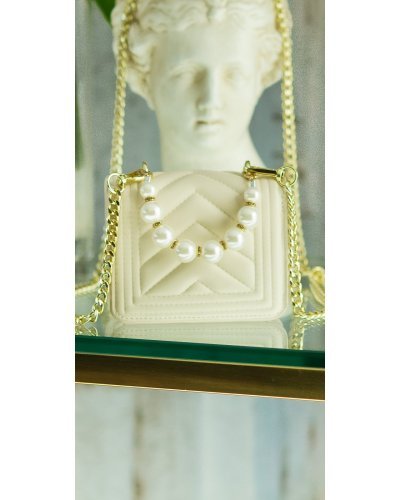 Geanta dama eleganta, din PU, bej, cu perle si lant auriu, Jessy Genti dama, Geanta dama eleganta, din PU, bej, cu perle si lant auriu, Jessy - jojofashion.ro