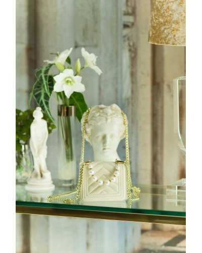 Geanta dama eleganta, din PU, bej, cu perle si lant auriu, Jessy Genti dama, Geanta dama eleganta, din PU, bej, cu perle si lant auriu, Jessy - jojofashion.ro