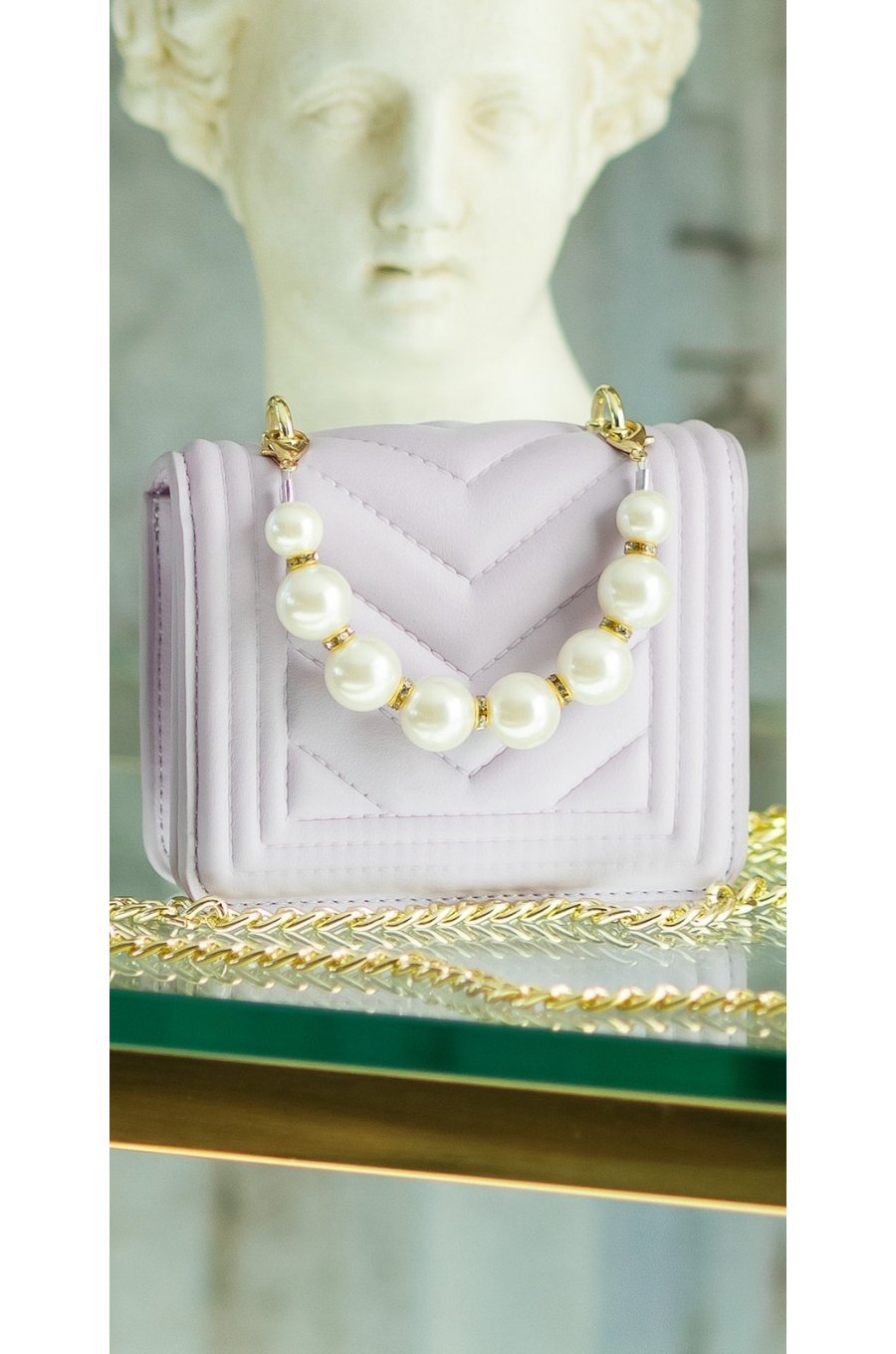 Geanta dama eleganta, din PU, lila, cu perle si lant auriu, Jessy 1 - jojofashion.ro