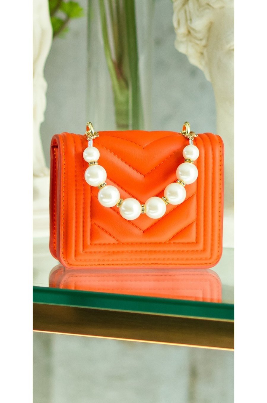 Geanta dama eleganta, din PU, orange, cu perle si lant auriu, Jessy 1 - jojofashion.ro