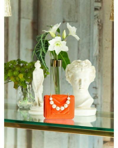Geanta dama eleganta, din PU, orange, cu perle si lant auriu, Jessy Genti dama, Geanta dama eleganta, din PU, orange, cu perle si lant auriu, Jessy - jojofashion.ro