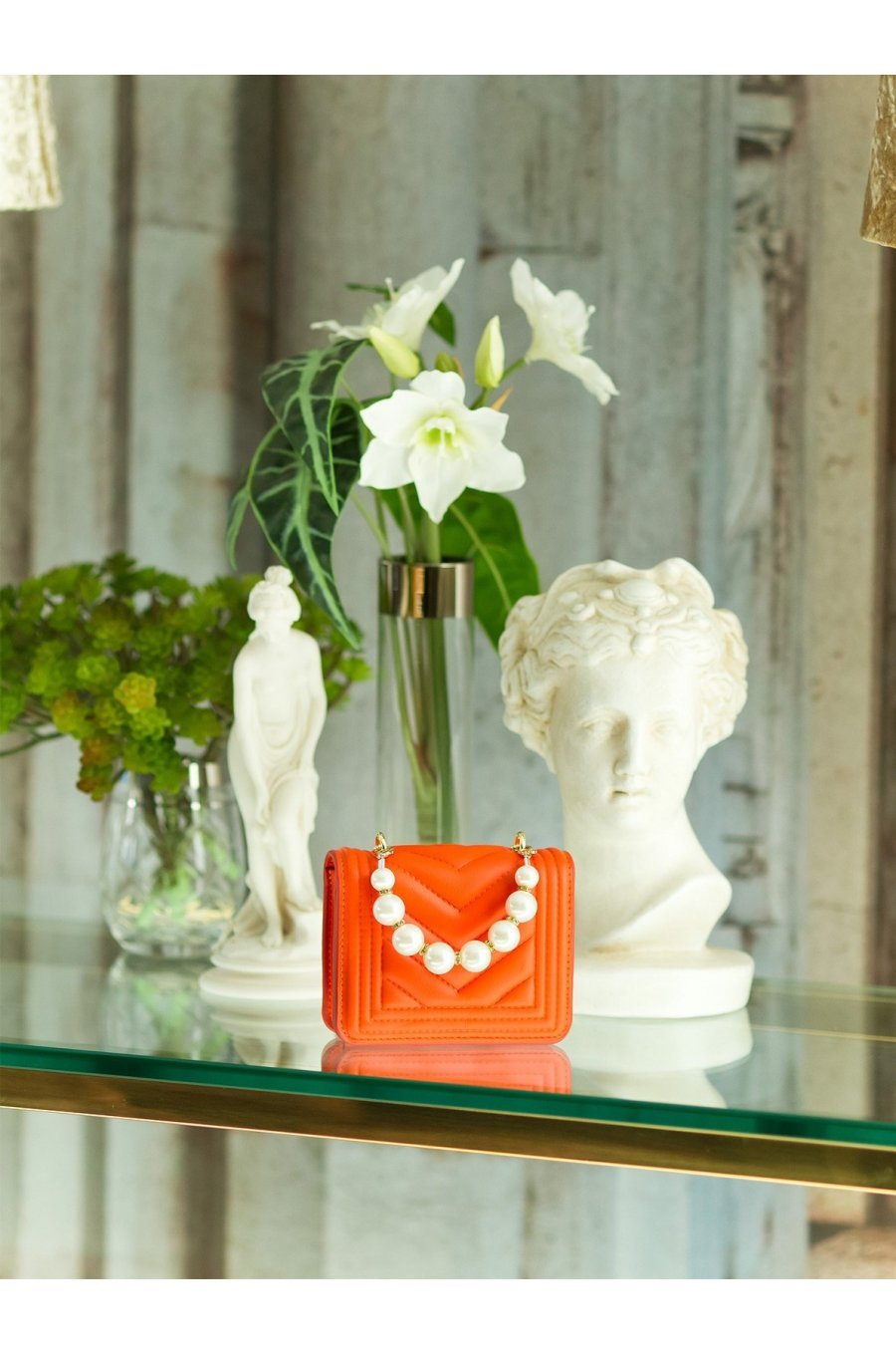 Geanta dama eleganta, din PU, orange, cu perle si lant auriu, Jessy 2 - jojofashion.ro