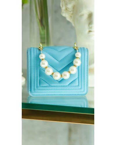 Geanta dama eleganta, din PU, turcoaz, cu perle si lant auriu, Jessy Genti dama, Geanta dama eleganta, din PU, turcoaz, cu perle si lant auriu, Jessy - jojofashion.ro