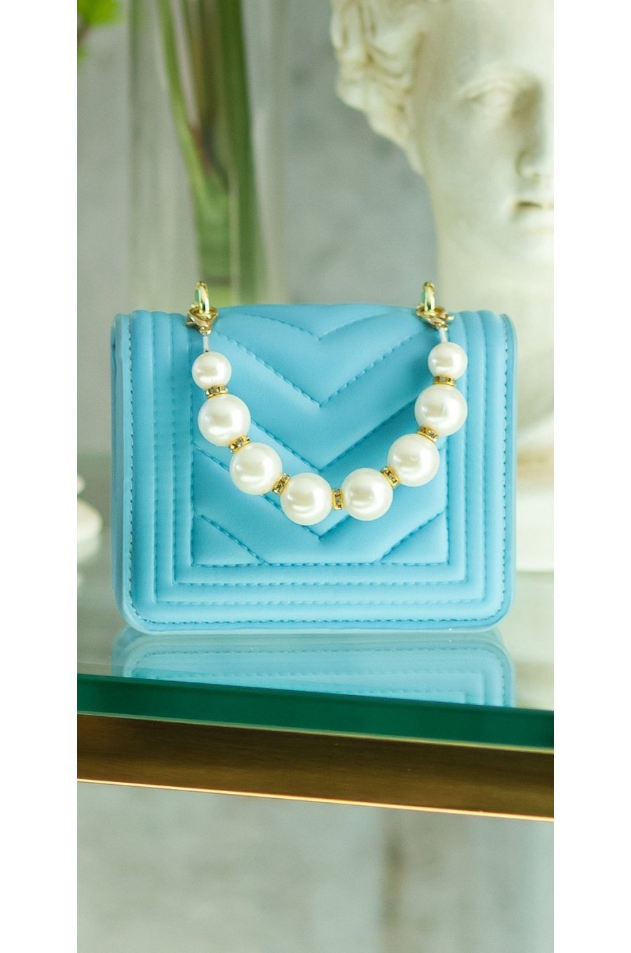 Geanta dama eleganta, din PU, turcoaz, cu perle si lant auriu, Jessy 1 - jojofashion.ro