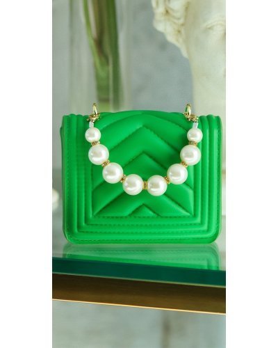 Geanta dama eleganta, din PU, verde, cu perle si lant auriu, Jessy Genti dama, Geanta dama eleganta, din PU, verde, cu perle si lant auriu, Jessy - jojofashion.ro