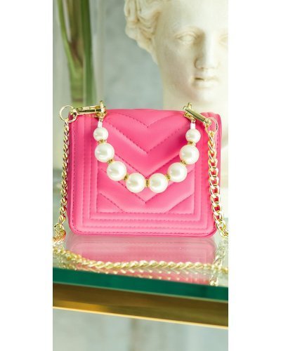 Geanta dama eleganta, din PU, roz bombon, cu perle si lant auriu, Jessy Genti dama, Geanta dama eleganta, din PU, roz bombon, cu perle si lant auriu, Jessy - jojofashion.ro