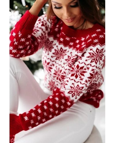 Pulovere dama, Pulover dama de Craciun rosu imprimat cu fulgi, Jesse - jojofashion.ro