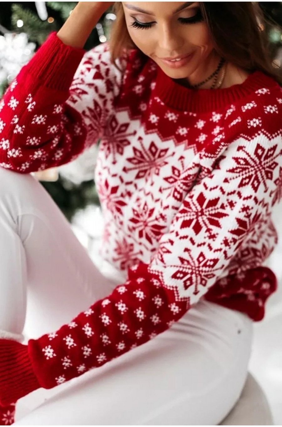 Pulover dama de Craciun rosu imprimat cu fulgi, Jesse 1 - jojofashion.ro