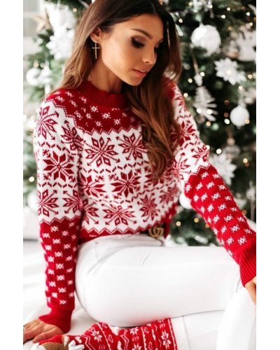 Pulovere dama, Pulover dama de Craciun rosu imprimat cu fulgi, Jesse - jojofashion.ro