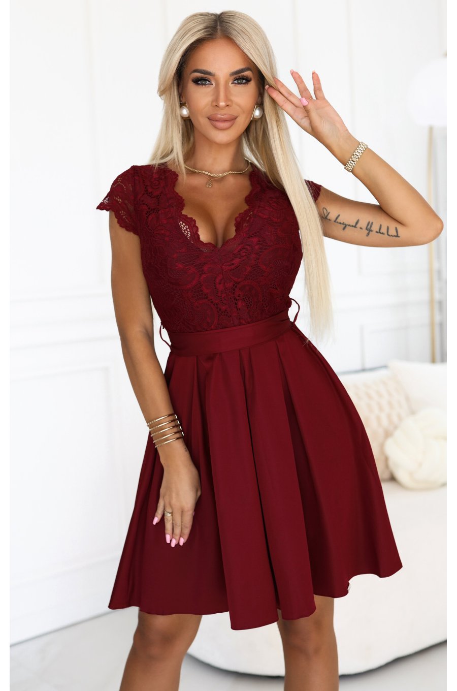 Rochie de ocazie scurta cu dantela burgundy Vivian 1 - jojofashion.ro
