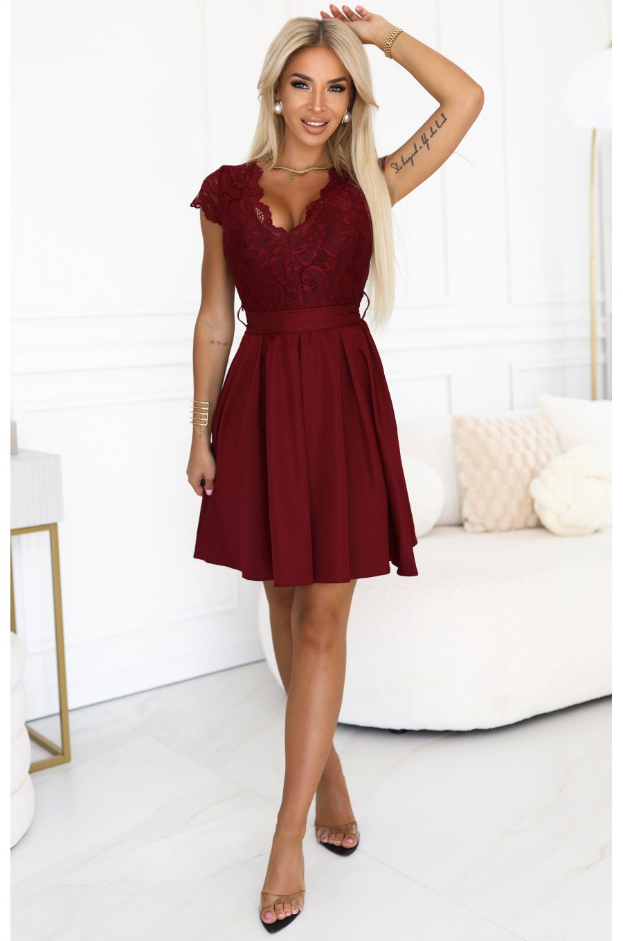 Rochie de ocazie scurta cu dantela burgundy Vivian 2 - jojofashion.ro
