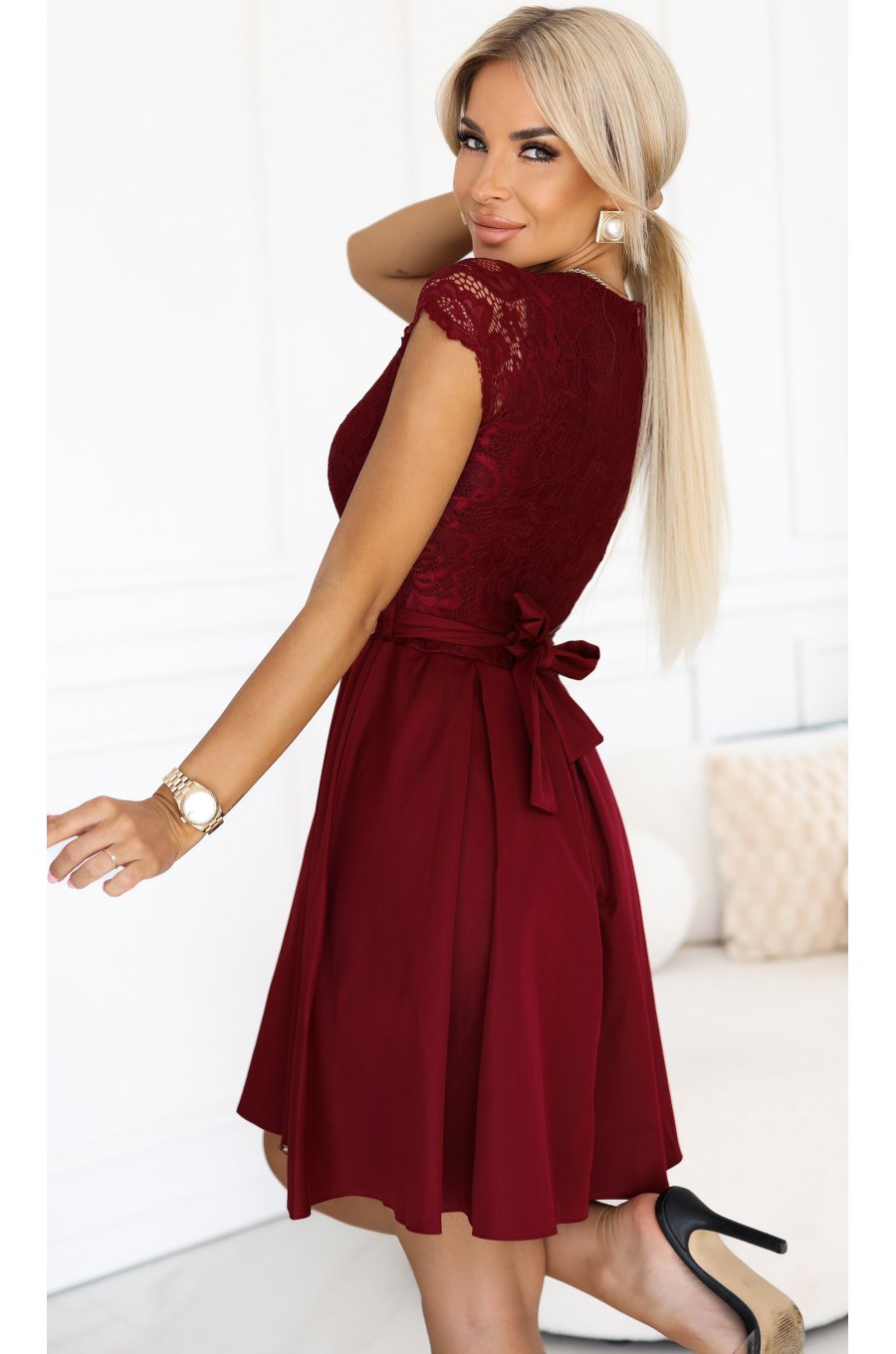 Rochie de ocazie scurta cu dantela burgundy Vivian 4 - jojofashion.ro