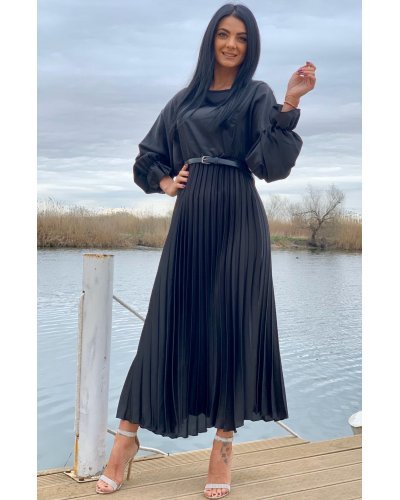 Rochie de ocazie lunga din satin negru plisata Alicia Rochii satin, Rochie de ocazie lunga din satin negru plisata Alicia - jojofashion.ro