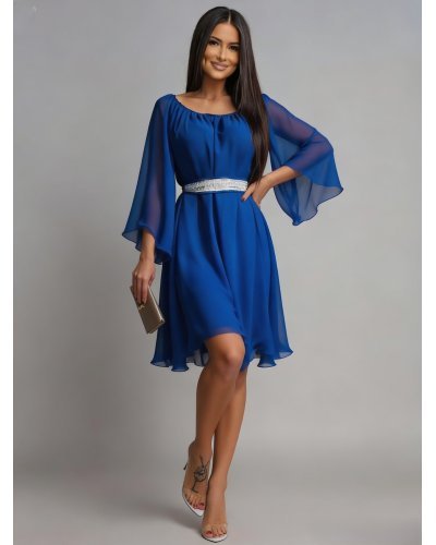 Rochii fabricate in Romania, Rochie midi albastra din voal vaporoasa Alexia - jojofashion.ro
