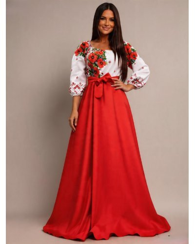 Rochii rosii, Rochie traditionala lunga din tafta rosie cu maci Anna - jojofashion.ro