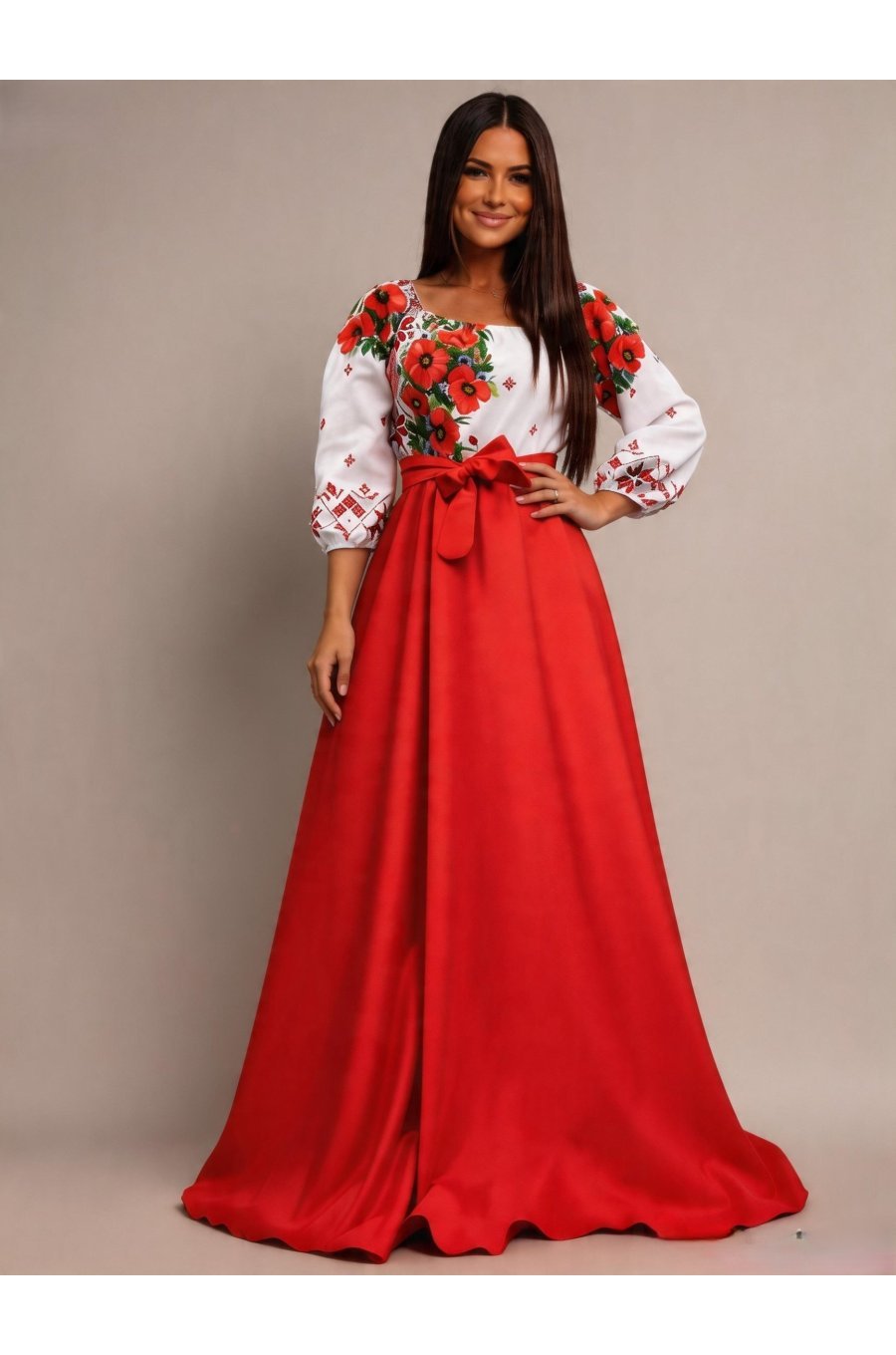Rochie traditionala lunga din tafta rosie cu maci Anna 1 - jojofashion.ro