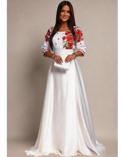 Rochii marimi mari, Rochie traditionala lunga din tafta alba Anna - jojofashion.ro