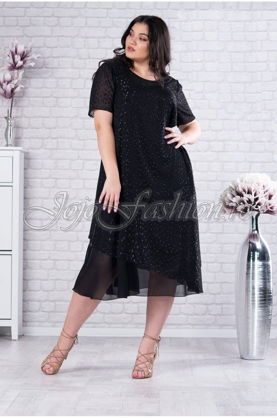 Rochie de seara XXL in marimi mari midi din tul neagra cu fir lame Anissa 1 - jojofashion.ro