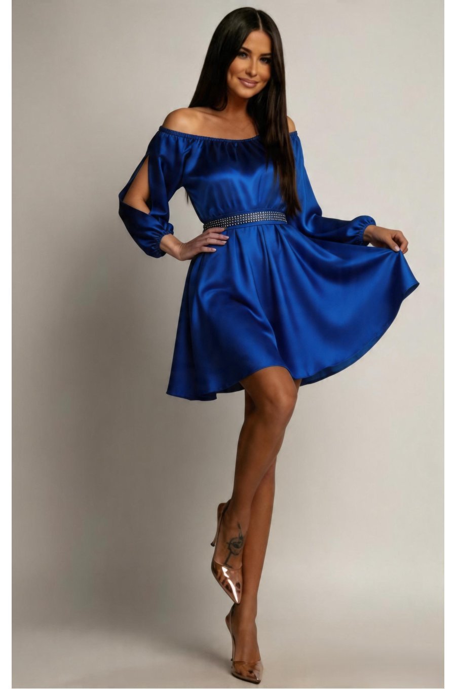 Rochie scurta din satin albastra babydoll cu umerii goi Calirroe  1 - jojofashion.ro