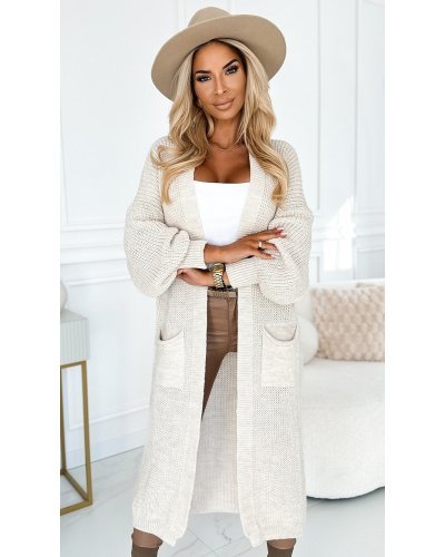 Pulovere dama, Cardigan dama lung, din acril, bej, cu buzunare, Krisse - jojofashion.ro