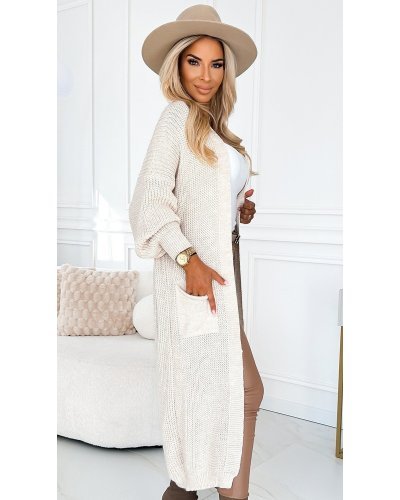 Pulovere dama, Cardigan dama lung, din acril, bej, cu buzunare, Krisse - jojofashion.ro