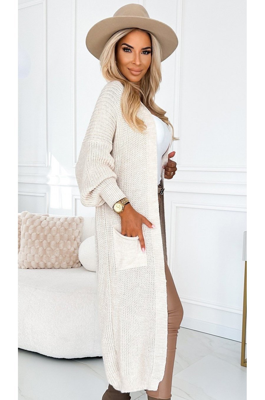 Cardigan dama lung, din acril, bej, cu buzunare, Krisse Cardigan dama lung, din acril, bej, cu buzunare, Krisse 2 - jojofashion.ro
