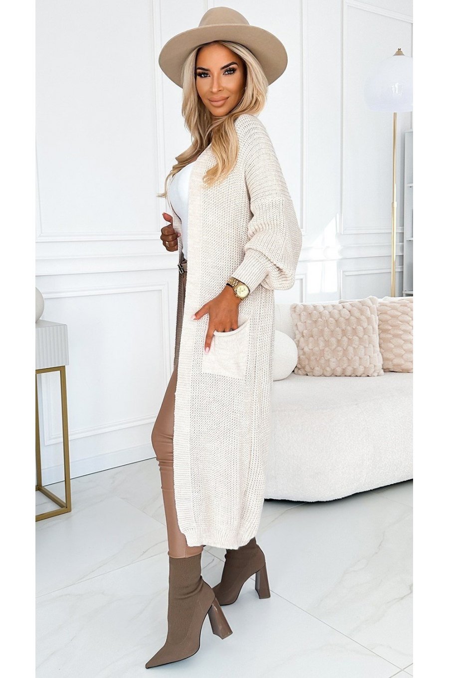 Cardigan dama lung, din acril, bej, cu buzunare, Krisse Cardigan dama lung, din acril, bej, cu buzunare, Krisse 3 - jojofashion.ro