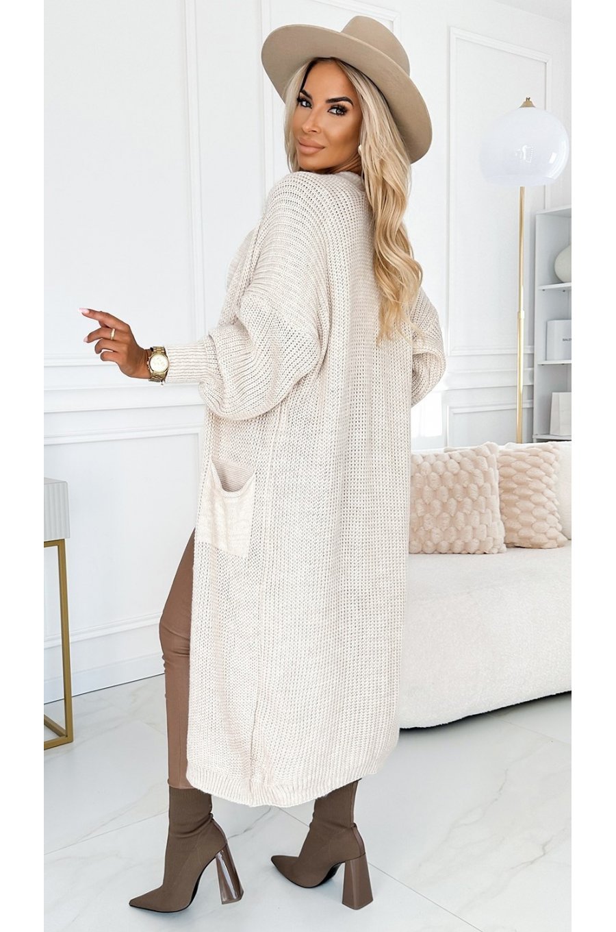 Cardigan dama lung, din acril, bej, cu buzunare, Krisse Cardigan dama lung, din acril, bej, cu buzunare, Krisse 4 - jojofashion.ro