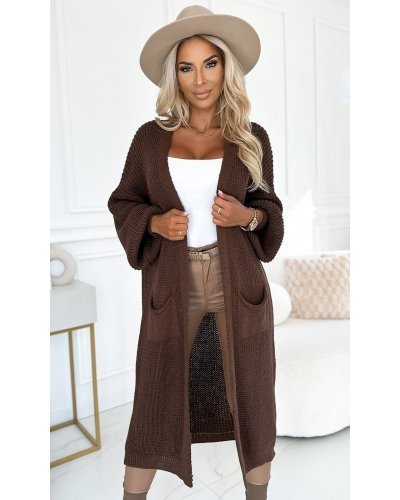 Pulovere dama, Cardigan dama lung, din acril, maro, cu buzunare, Krisse - jojofashion.ro