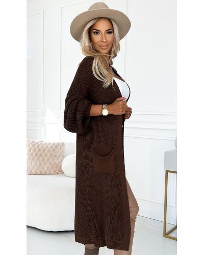 Pulovere dama, Cardigan dama lung, din acril, maro, cu buzunare, Krisse - jojofashion.ro